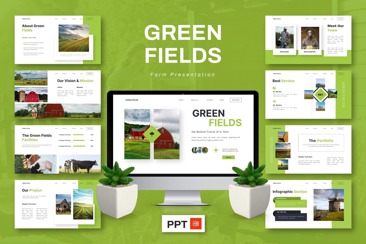 Template Powerpoint Pertanian Green Fields yang Menarik