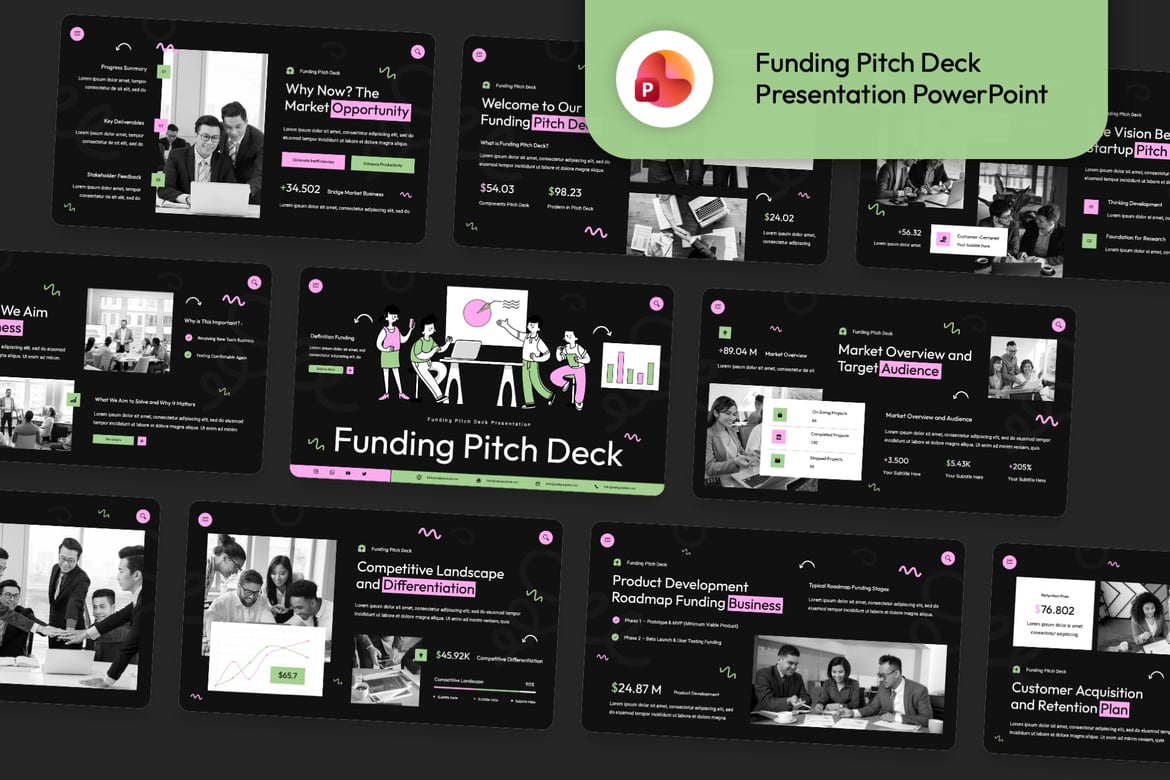 Template Powerpoint Pitch Deck Green Pink yang Kreatif dan Modern