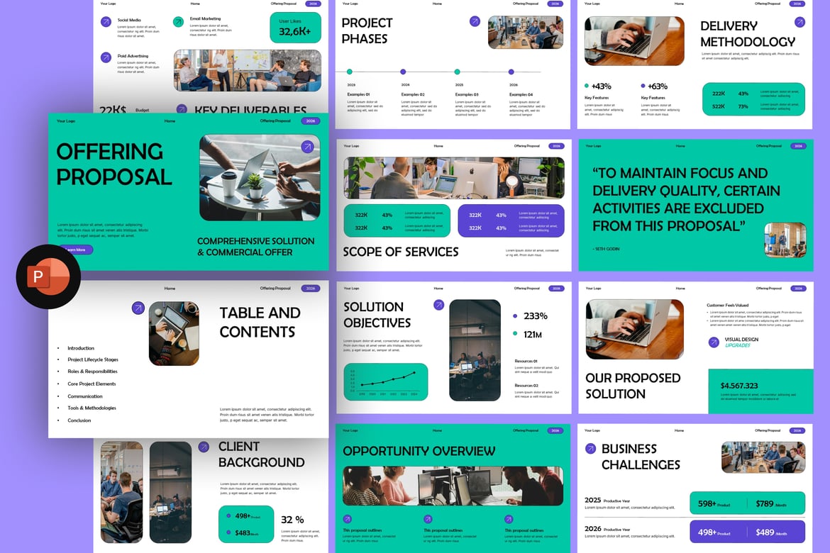 Template PowerPoint Proposal Modern Hijau Ungu yang Menarik