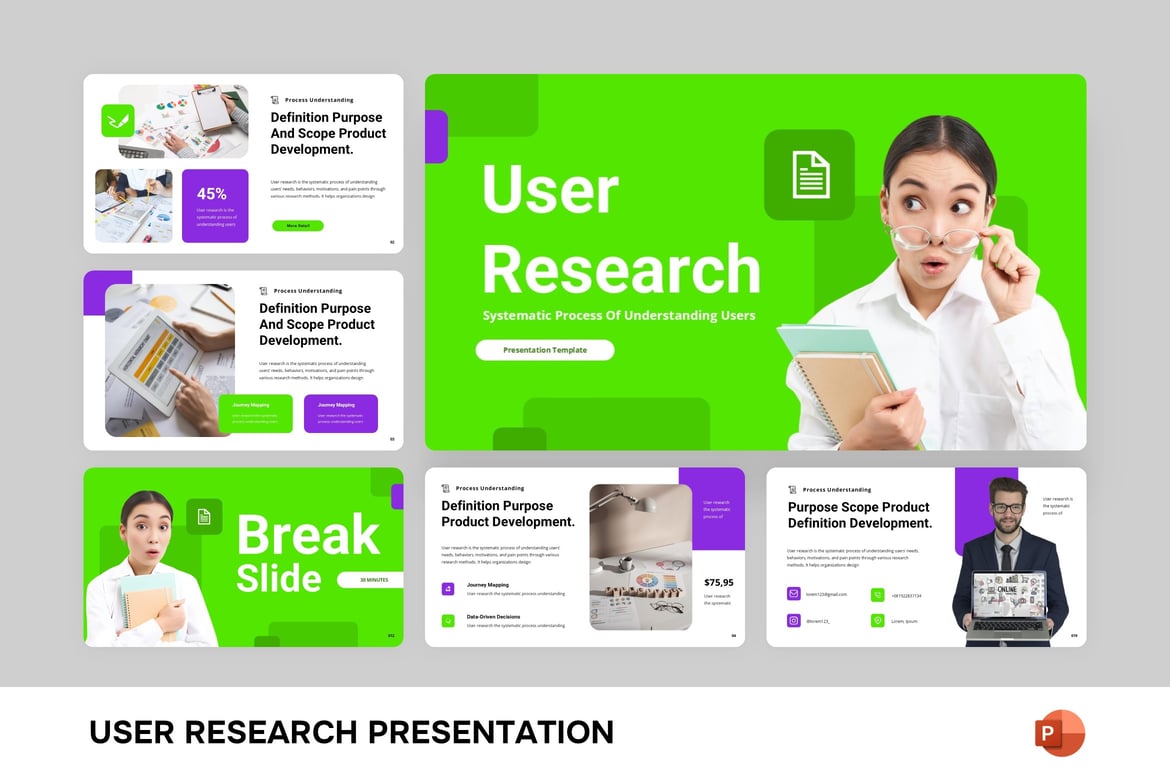 Template Presentasi User Research Berwarna Hijau dan Ungu