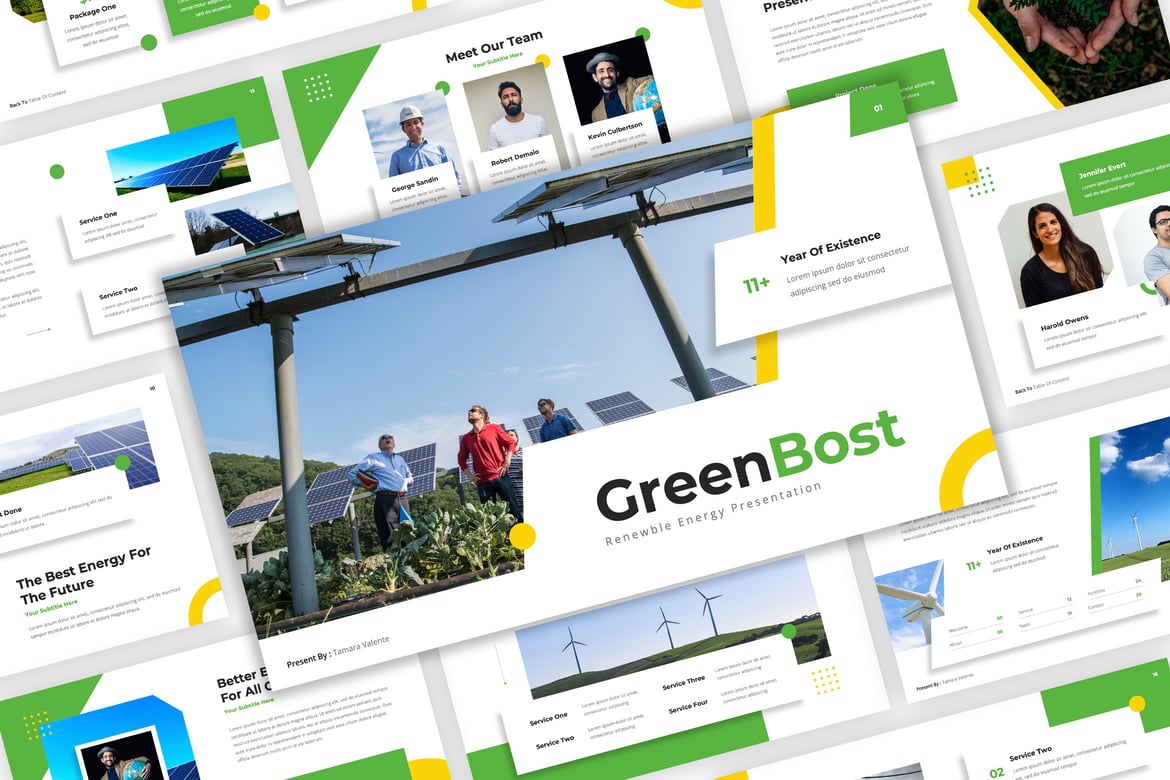 Template Presentasi Energi Terbarukan GreenBost yang Modern dan Kreatif