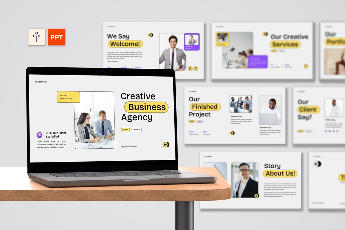 Template Presentasi PowerPoint Kreatif Modern dengan Nuansa Abu-Abu dan Kuning