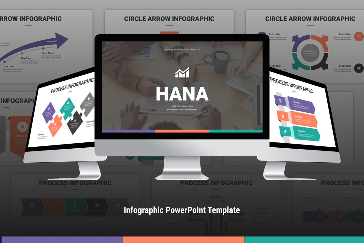 Template PowerPoint Infografis Hana dengan Desain Panah Menarik