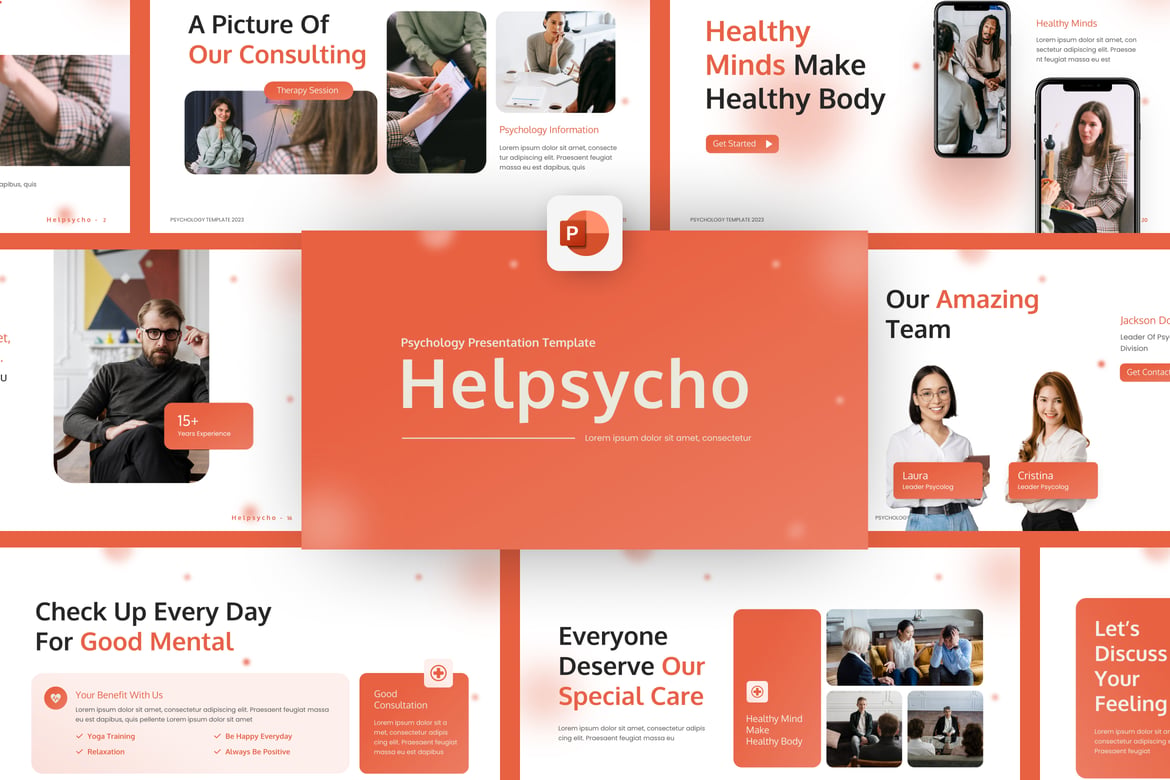 Template PowerPoint Psikologi Helpsycho Oranye yang Modern