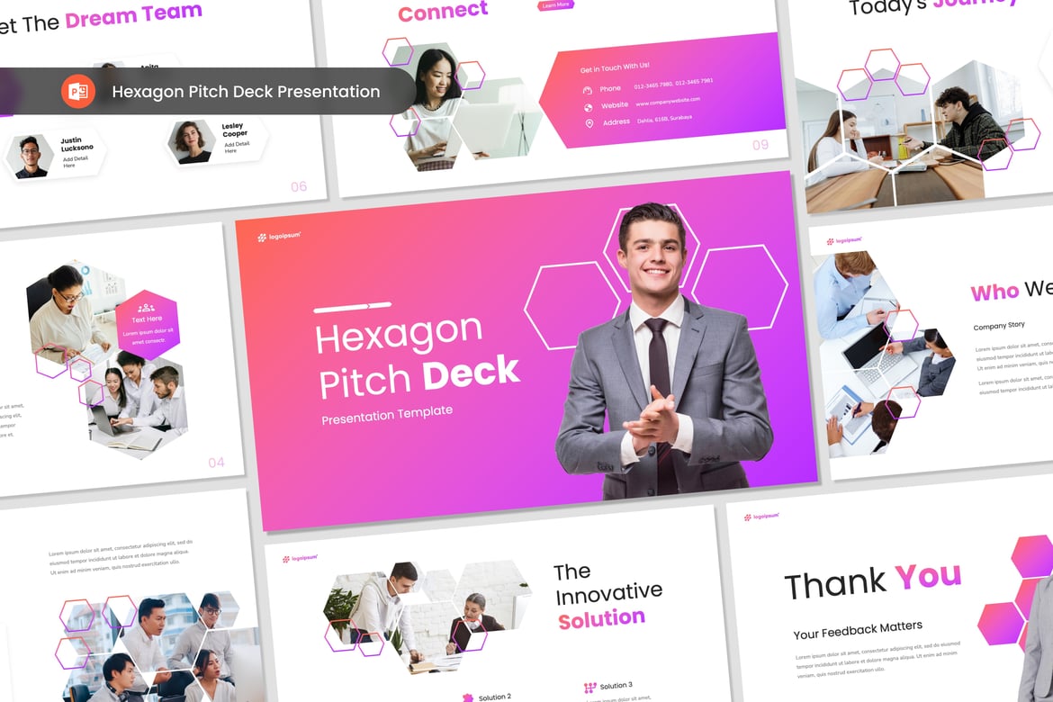 Template PowerPoint Pitch Deck Hexagon yang Menarik
