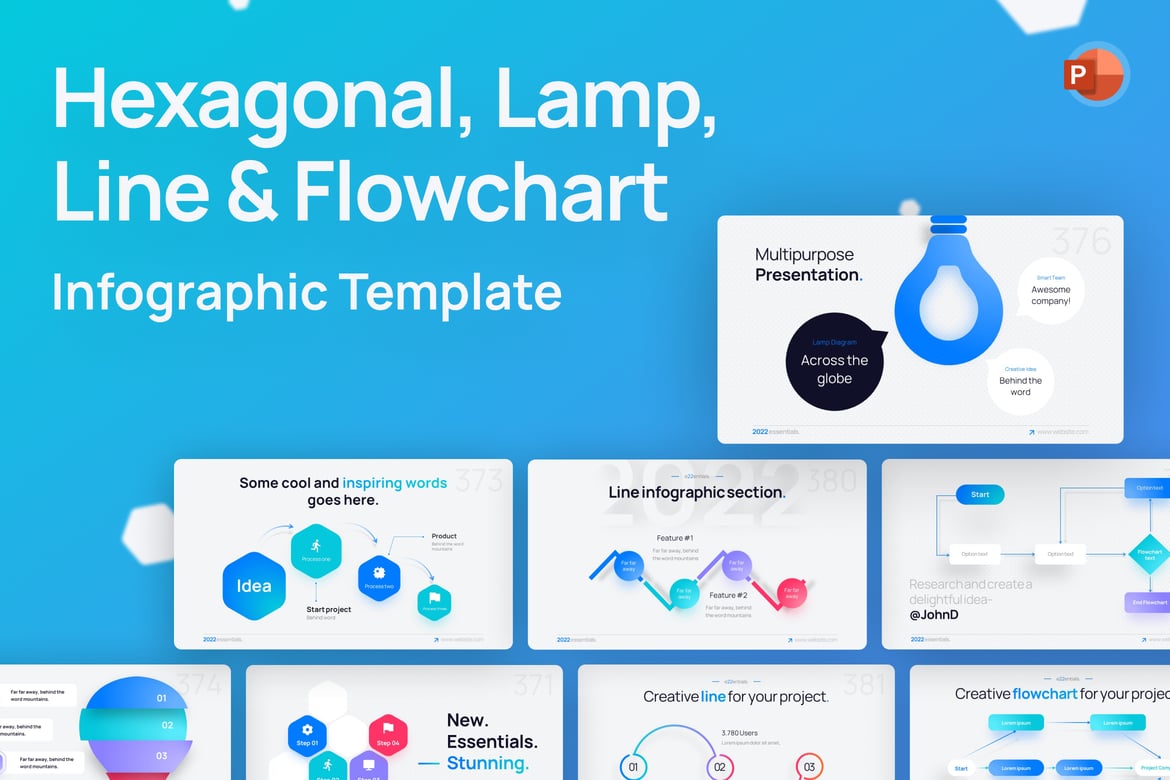 Template PowerPoint Hexagonal, Garis & Flowchart yang Menarik