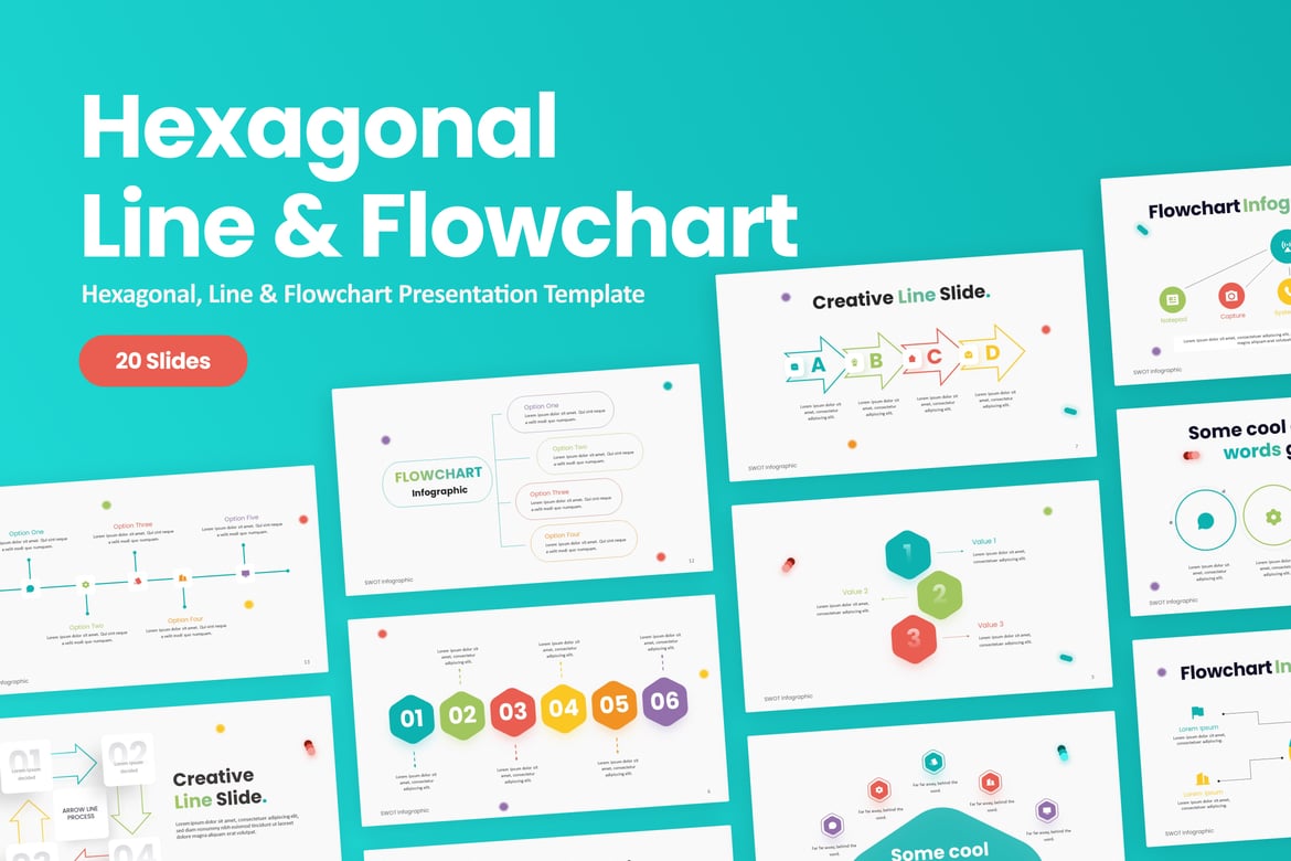 Template PowerPoint Hexagonal, Garis & Flowchart yang Menarik