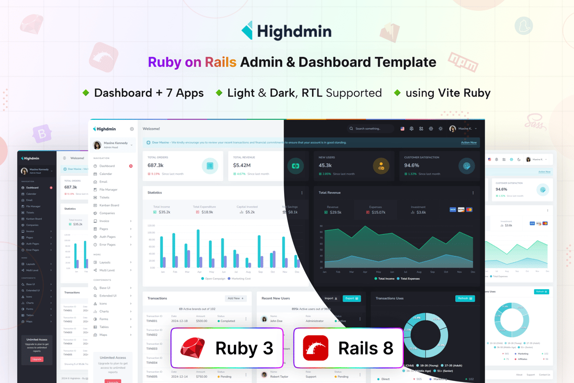 Highdmin - Template Dashboard Admin Ruby on Rails yang Modern dan Responsif