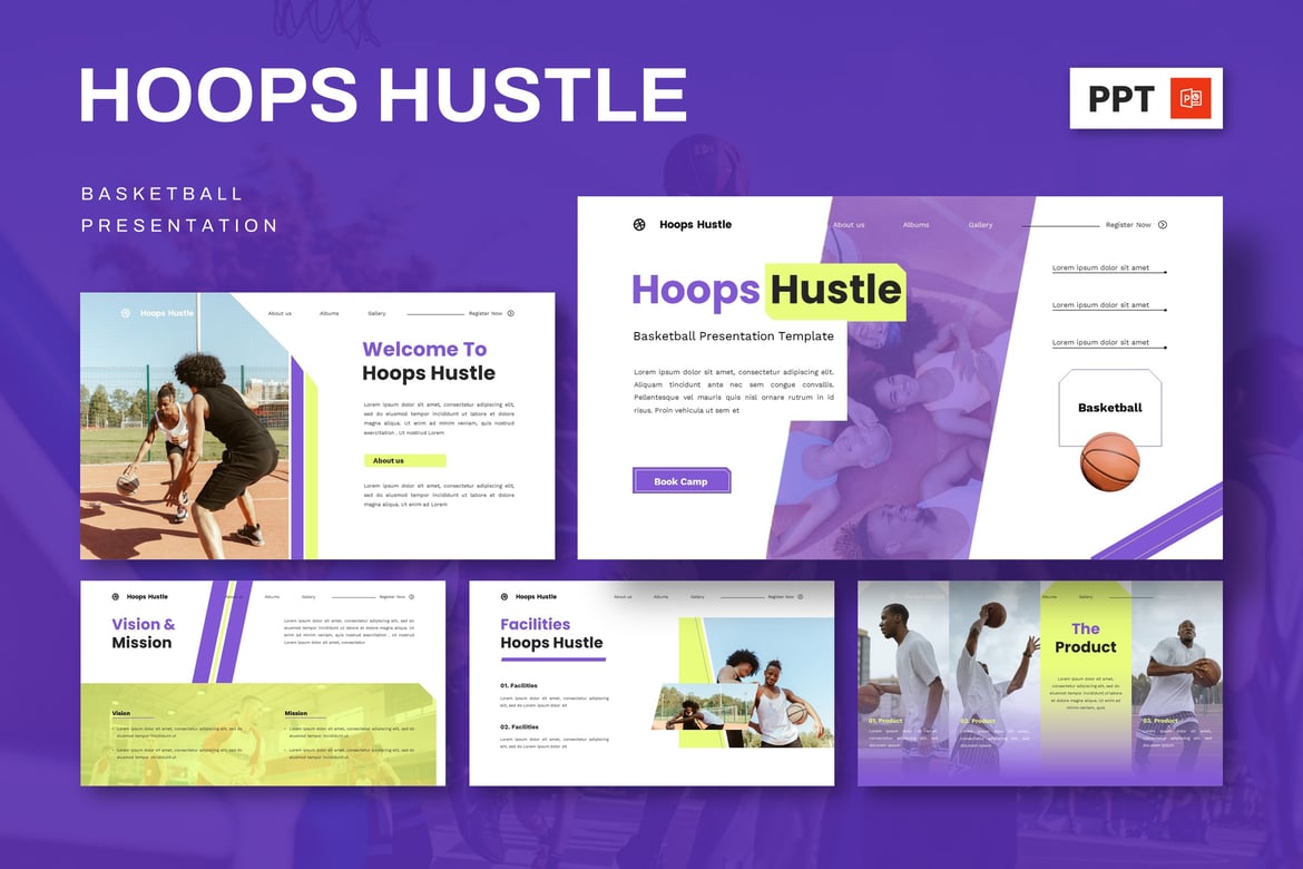 Template Presentasi PowerPoint Hoops Hustle - Desain Basket yang Dinamis