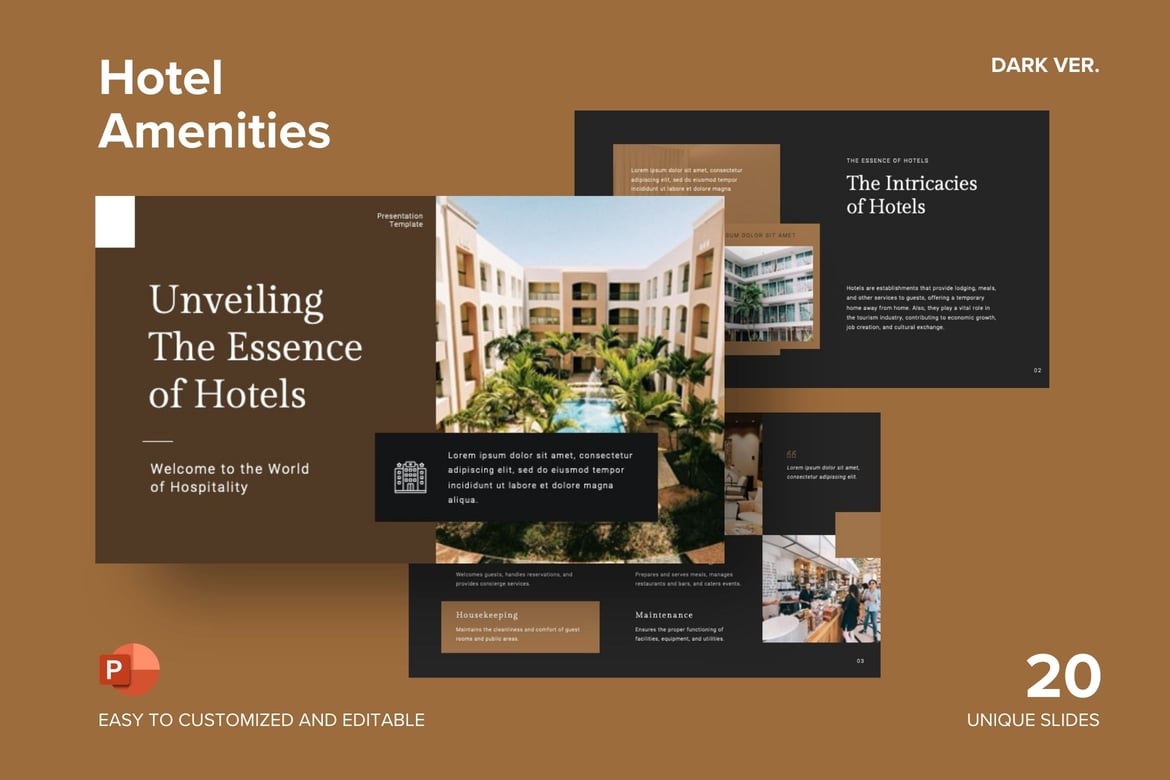 Template Presentasi Powerpoint Fasilitas Hotel - Versi Gelap yang Menarik
