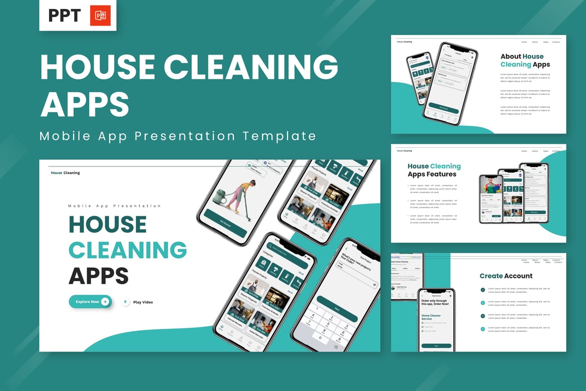 Template Presentasi PowerPoint Aplikasi Pembersihan Rumah yang Menarik