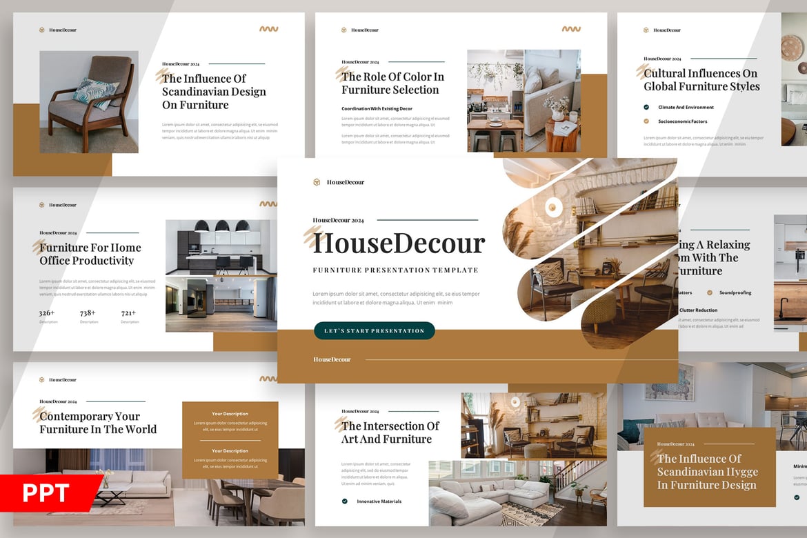 Template PowerPoint Presentasi Furniture HouseDecour yang Elegan dan Multifungsi