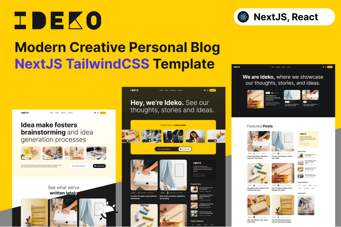 Ideko - Template Website Blog Pribadi Kreatif dan Modern dengan NextJS