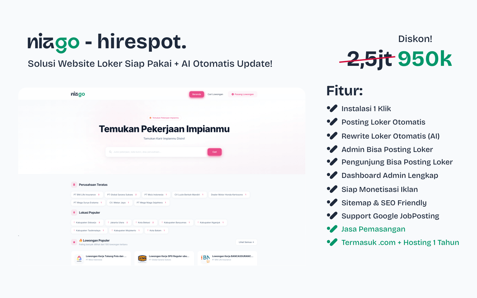 Jasa Pembuatan Website Portal Lowongan Kerja Berbasis AI | Siap Pakai + Domain & Hosting 1 Tahun