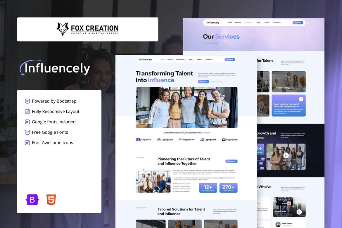 Influencely - Template Website Agensi Influencer & Talenta Modern