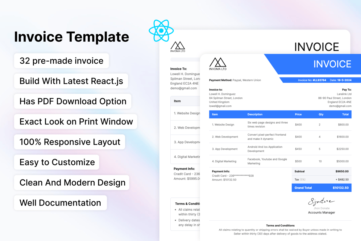 Invoma - Template Invoice ReactJS yang Modern dan Responsif