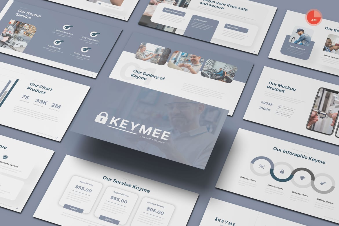 Template PowerPoint Keyme - Layanan Tukang Kunci dan Pembuat Kunci yang Menarik