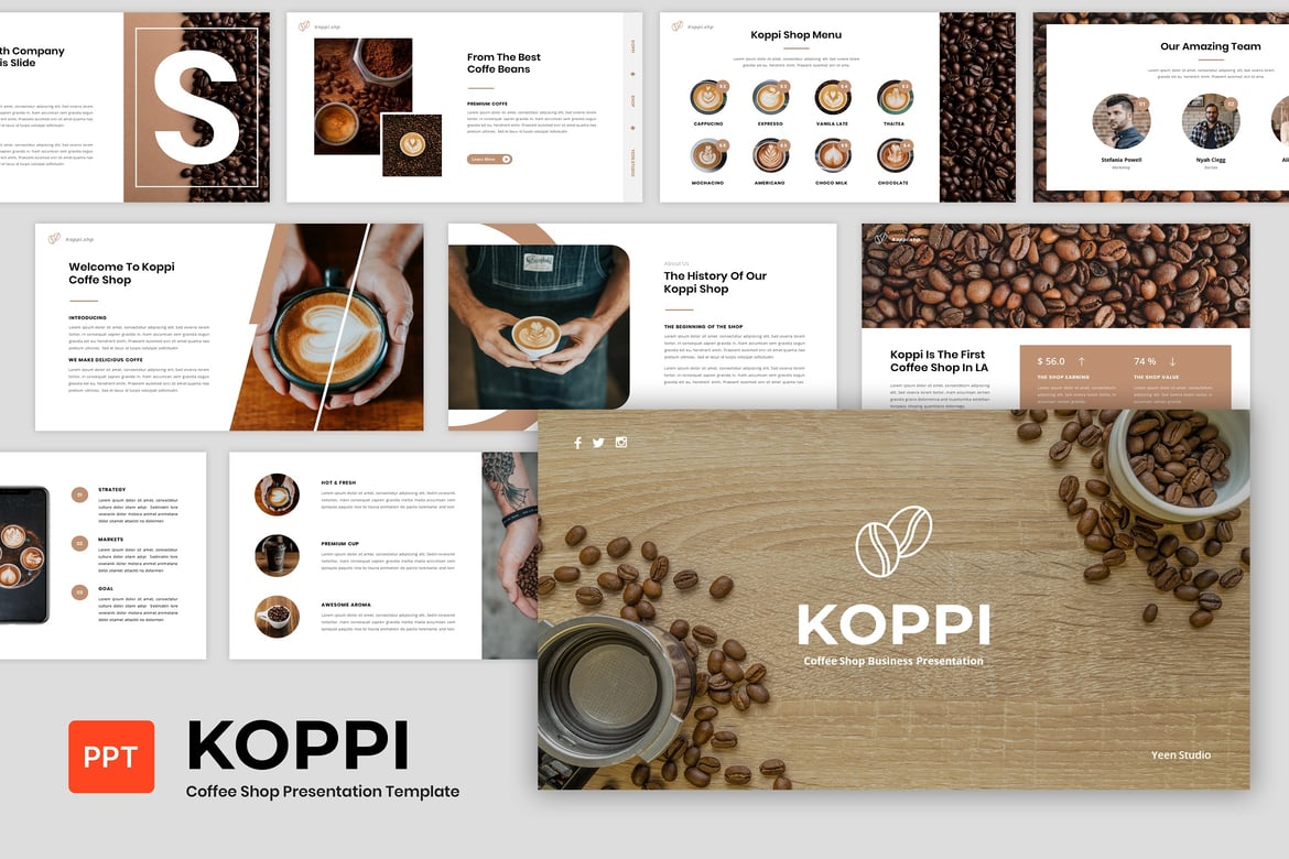 Template Presentasi PowerPoint Koppi untuk Coffee Shop yang Menarik