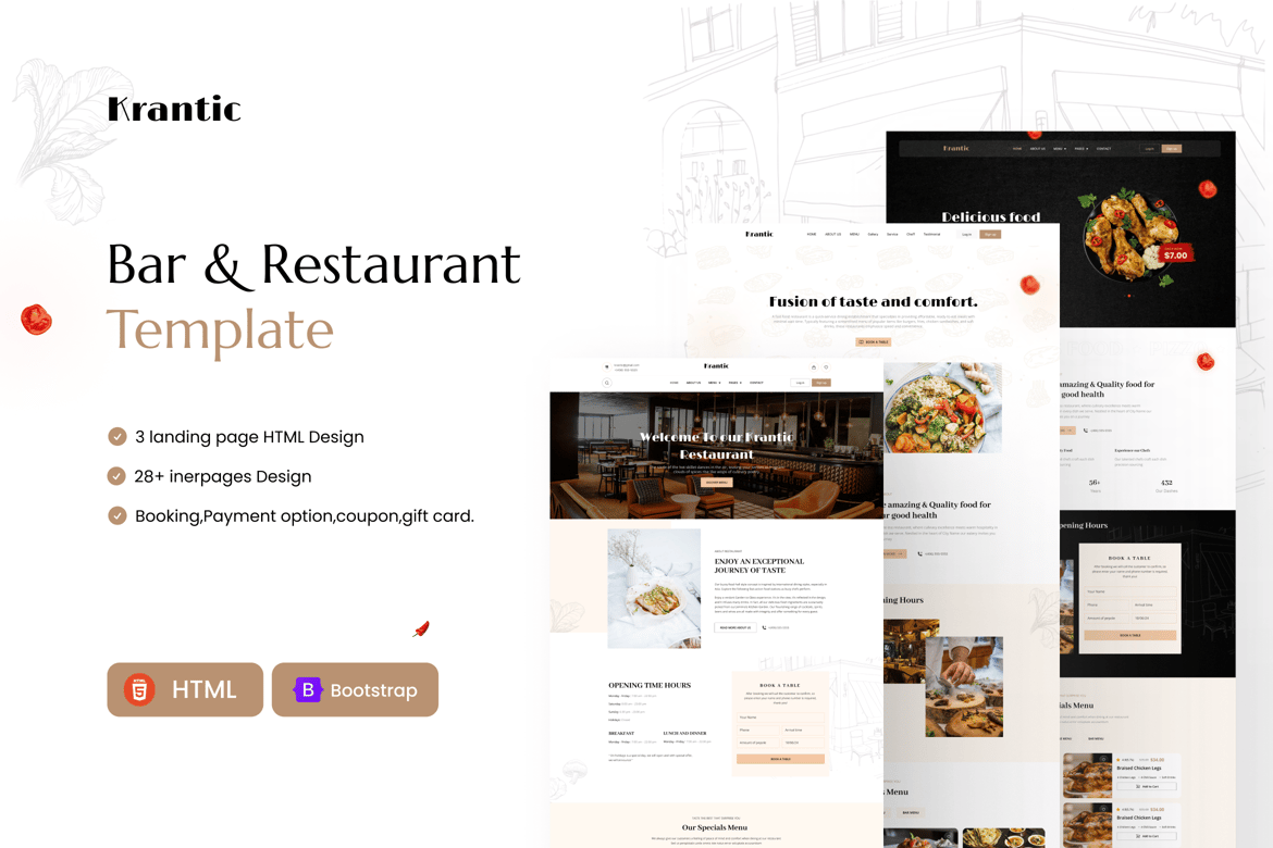 Template Website KRANTIC untuk Bar & Restoran yang Modern dan Responsif