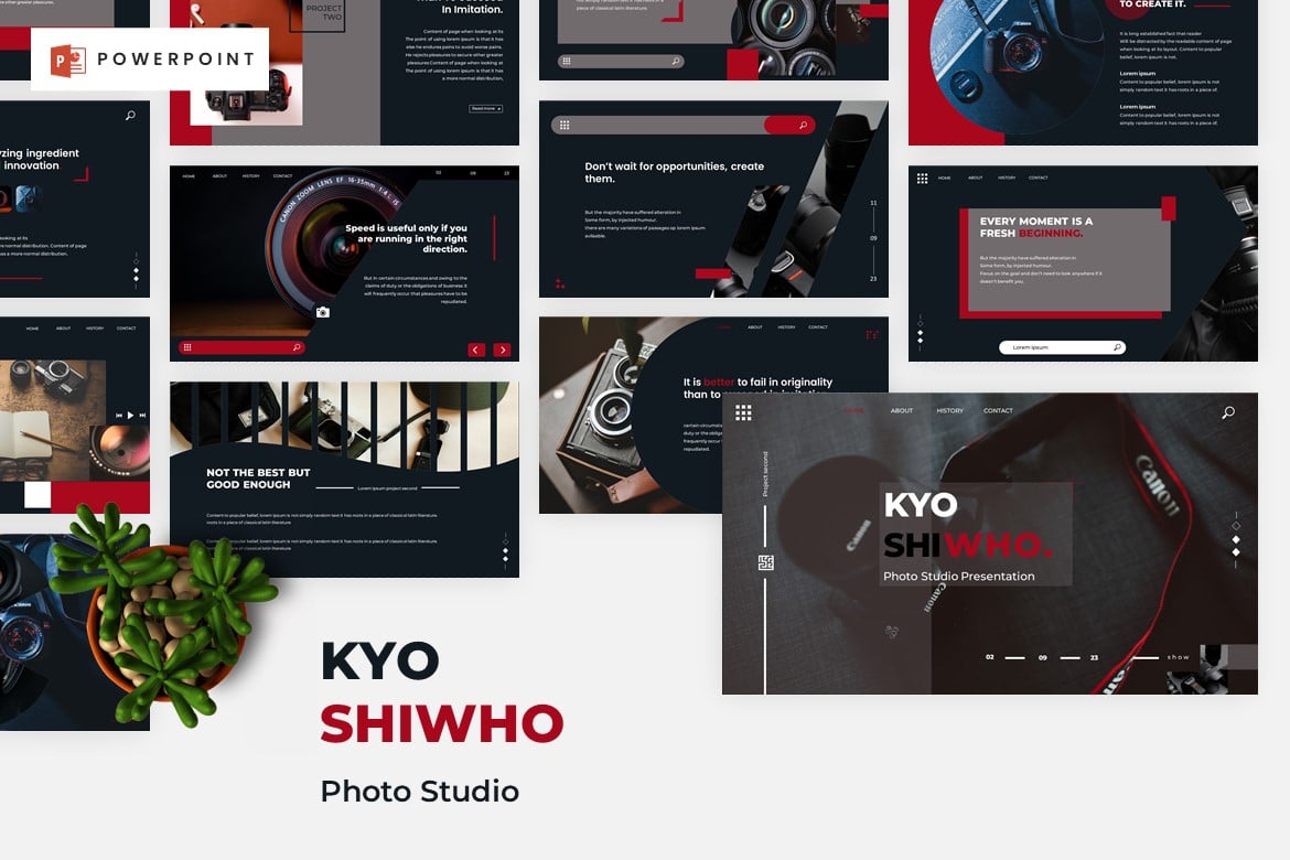 Template Presentasi PowerPoint Kyoshiwho untuk Studio Foto yang Modern dan Profesional