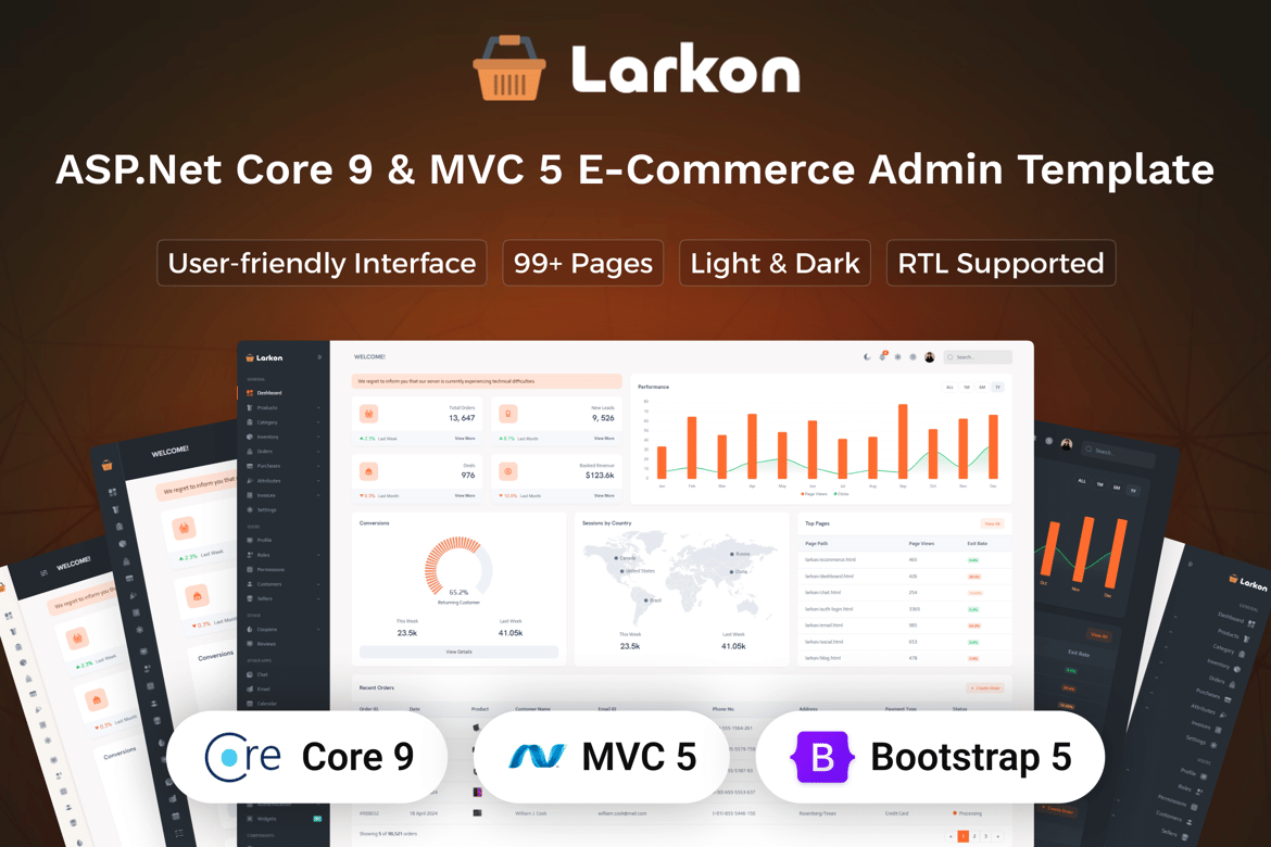 Larkon - Template Website Admin E-commerce ASP.Net Core 9 & MVC 5 yang Modern dan Responsif
