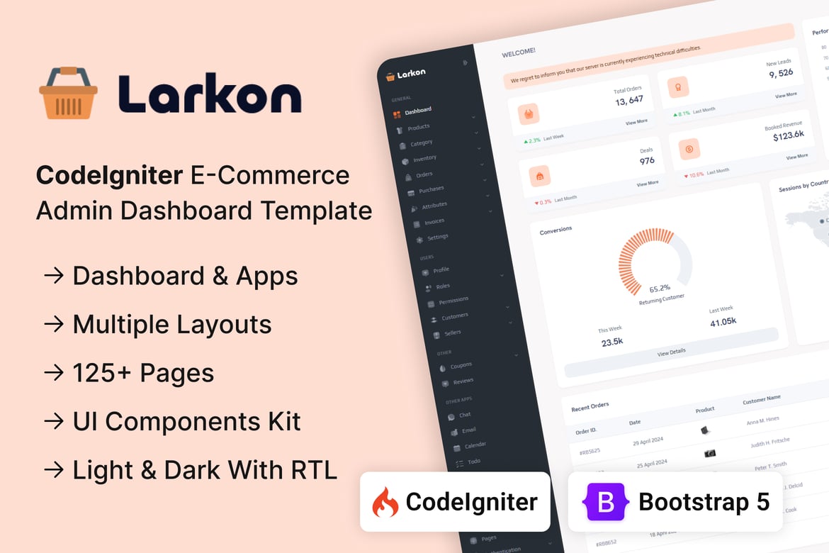 Larkon - Template Website Ecommerce Admin & Dashboard Berbasis Codeigniter