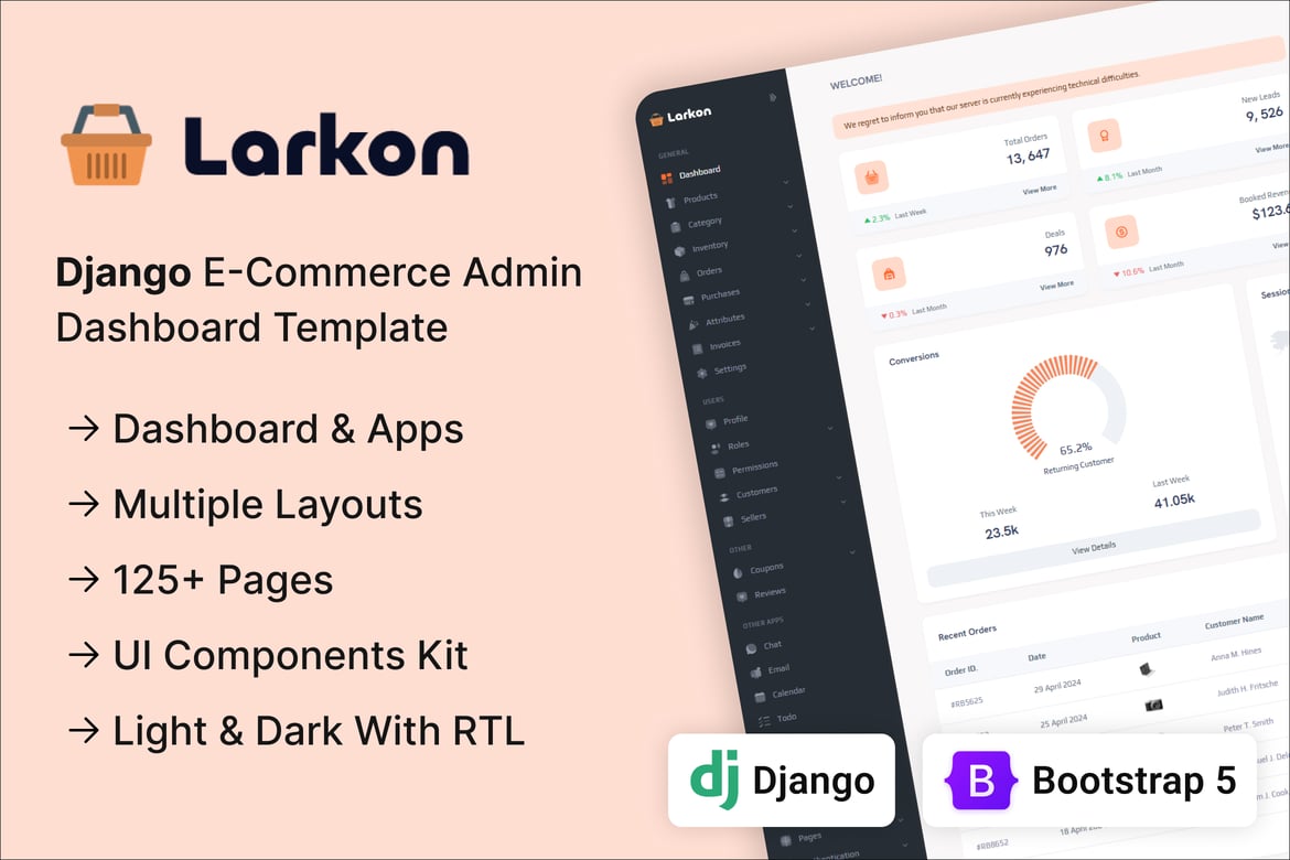 Larkon - Template Website Admin & Dashboard E-commerce Django yang Modern