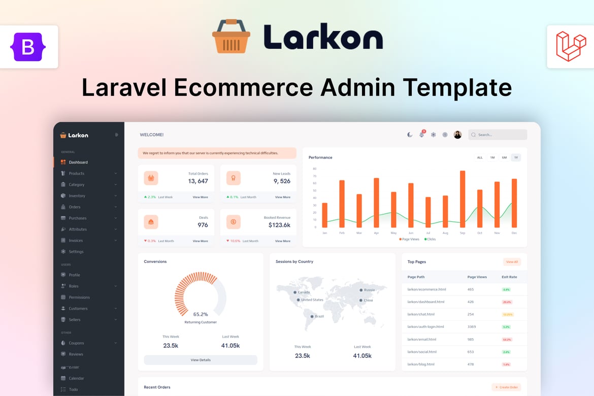 Larkon - Template Web Manajemen Ecommerce Laravel yang Modern