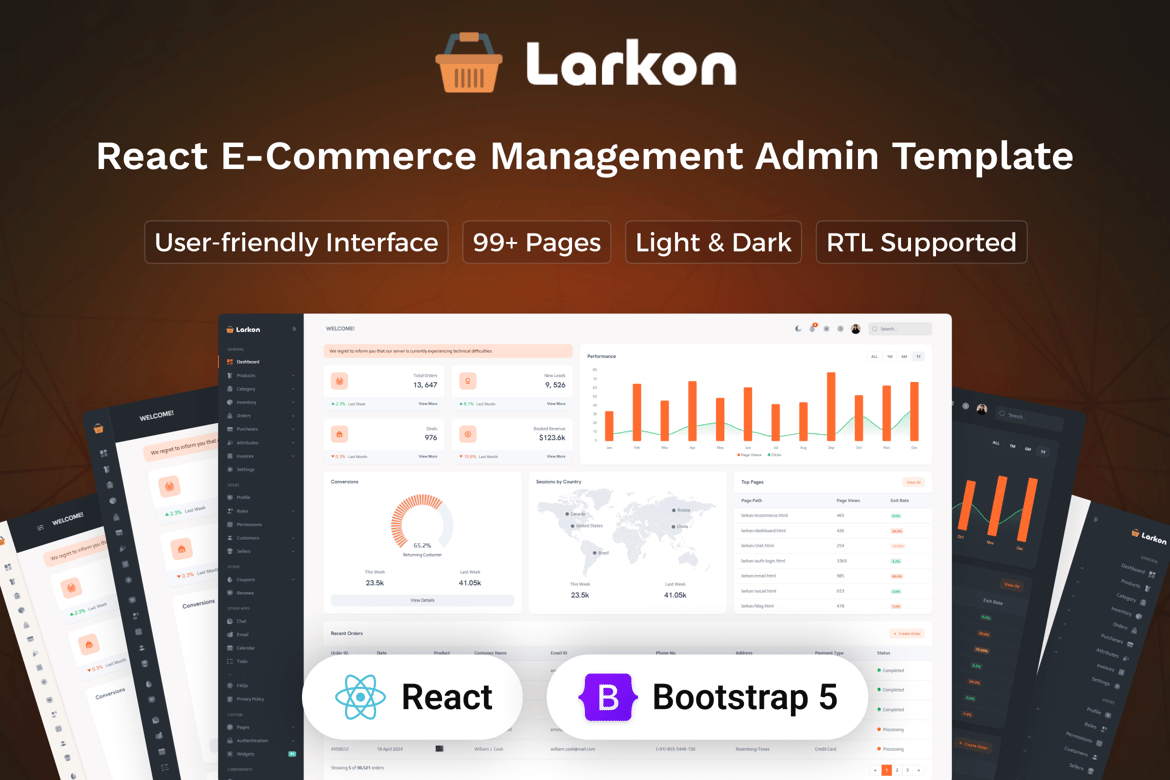 Larkon - Template Dashboard Admin E-Commerce React yang Modern