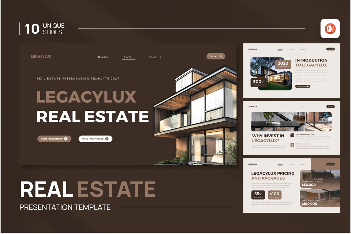 Template Presentasi PowerPoint LegacyLux untuk Real Estate yang Menawan
