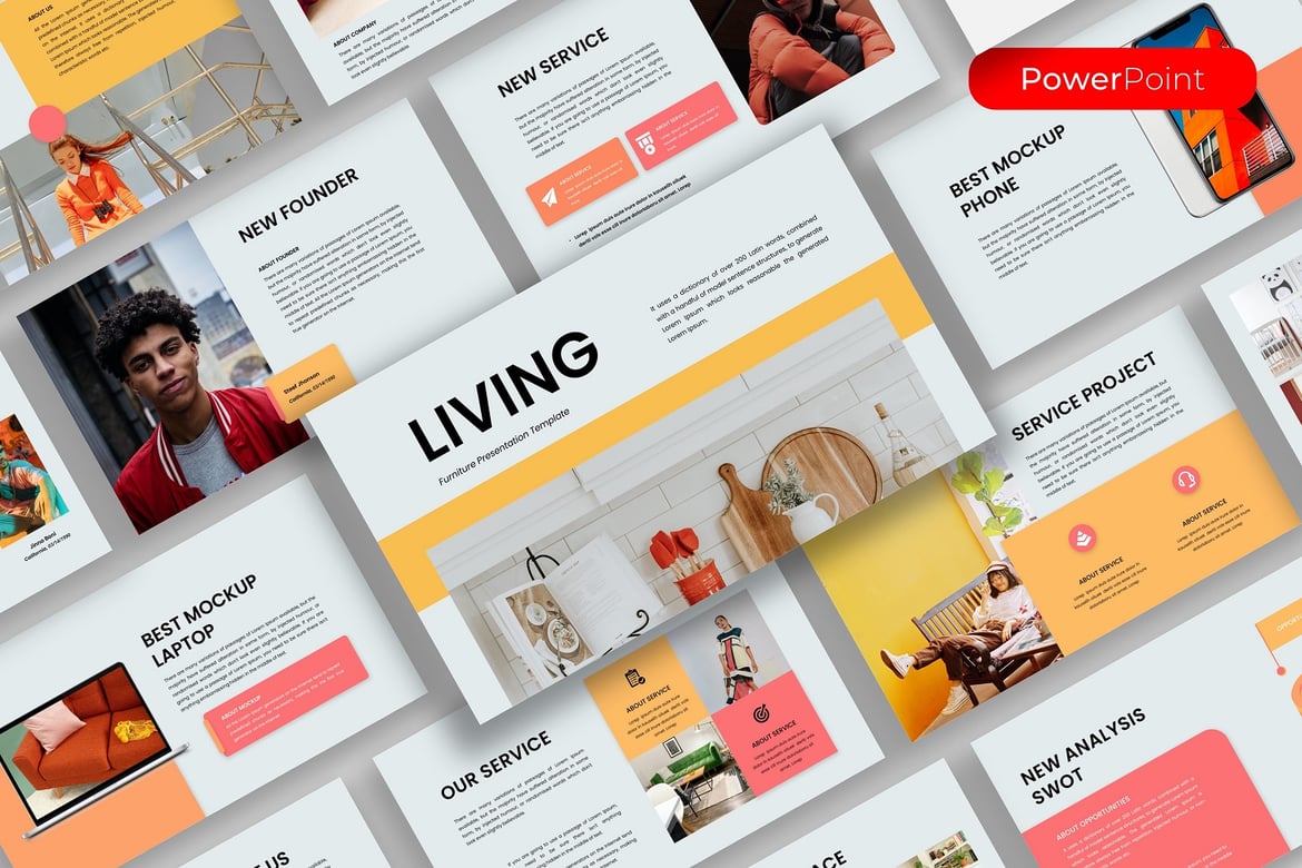 Template Presentasi PowerPoint Living – Desain Furniture yang Menarik
