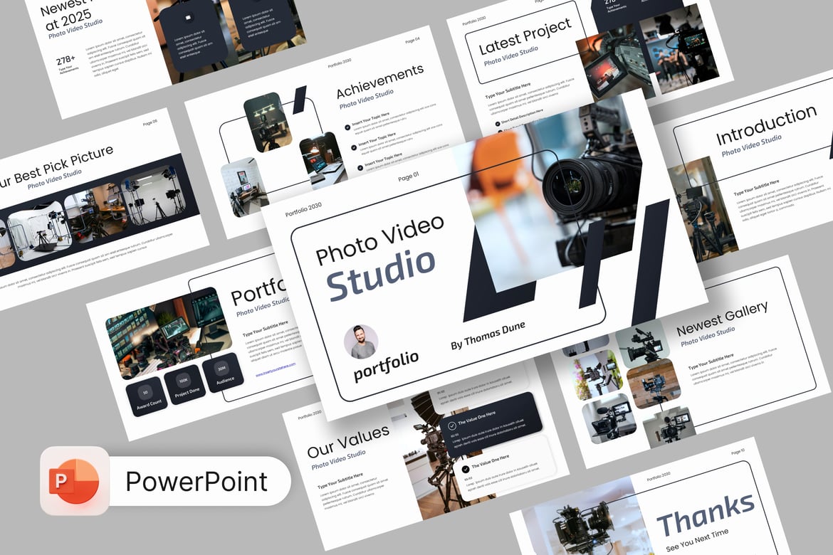 Template Presentasi PowerPoint Portfolio Studio Foto Lumivio yang Menawan