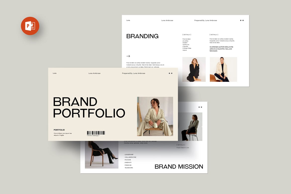 Template PowerPoint Portfolio Brand Luna yang Elegan