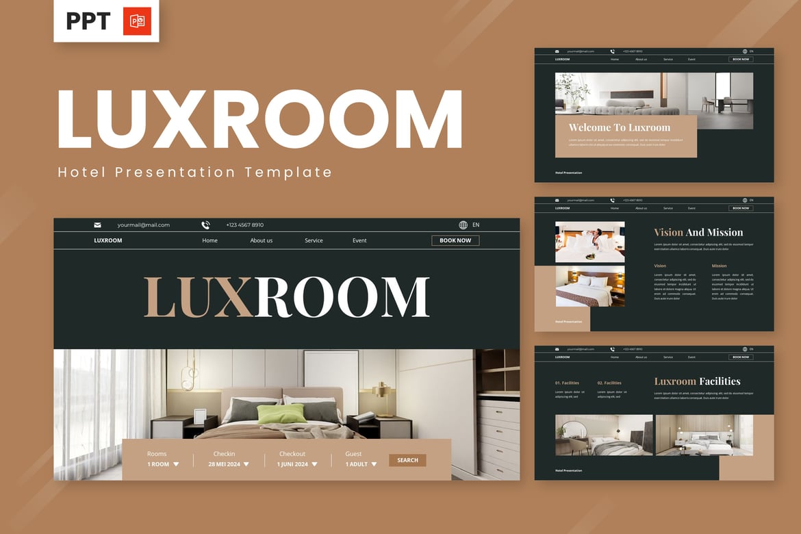 Template Presentasi Hotel Luxroom yang Elegan dan Profesional