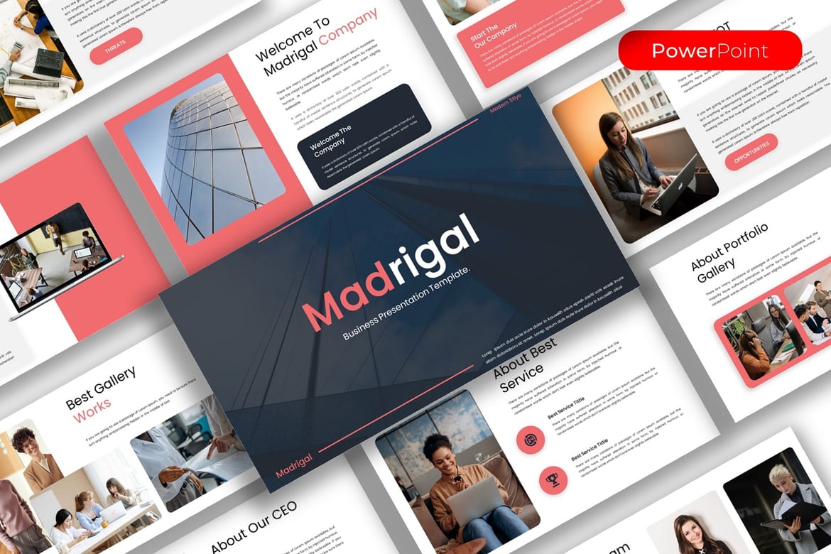 Template Presentasi PowerPoint Madrigal untuk Bisnis yang Menarik