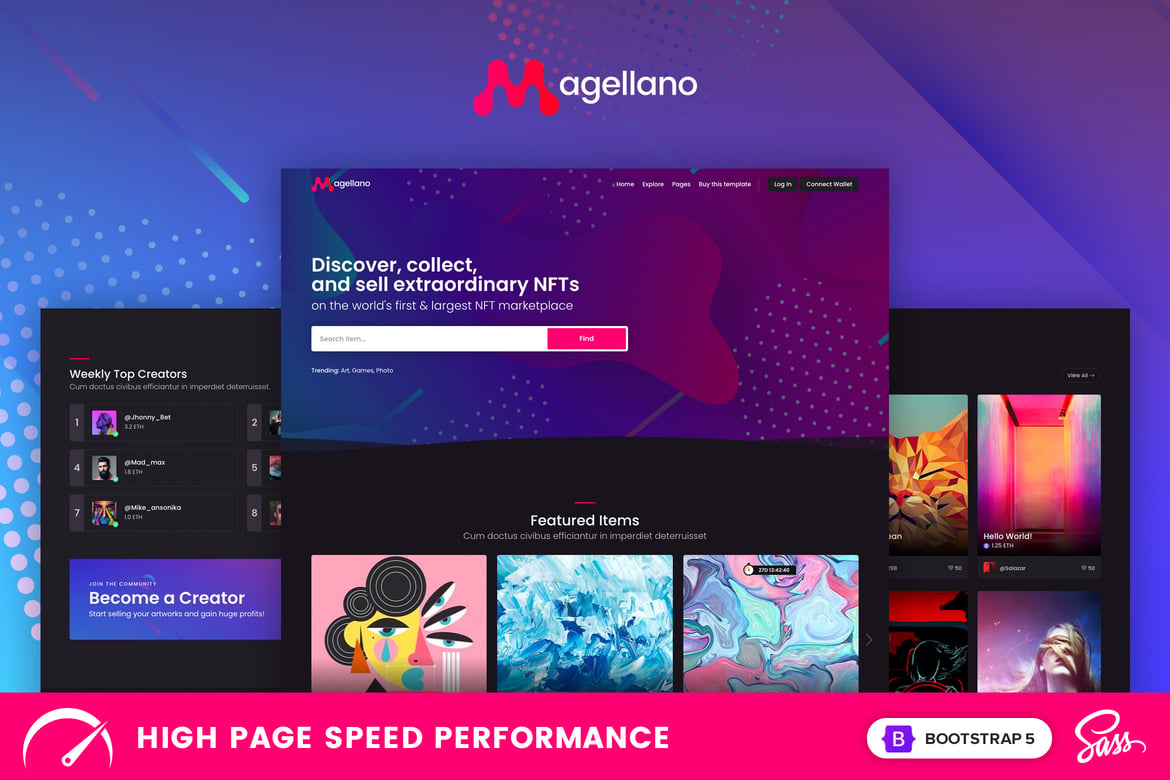 Magellano - Template Website Marketplace NFT Modern dan Responsif