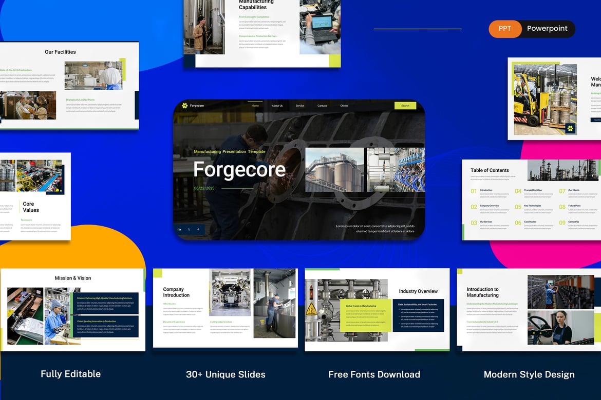 Template PowerPoint Forgecore untuk Presentasi Manufaktur yang Menarik