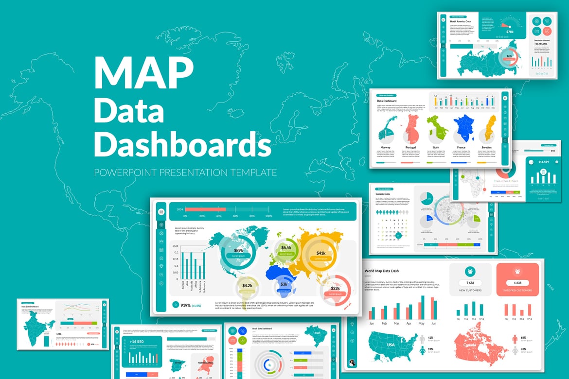Template Presentasi PowerPoint Dashboard Data Peta yang Menarik