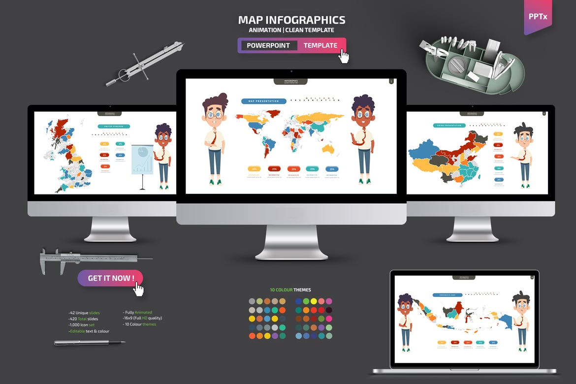 Template Presentasi PowerPoint Infografis Peta yang Menarik