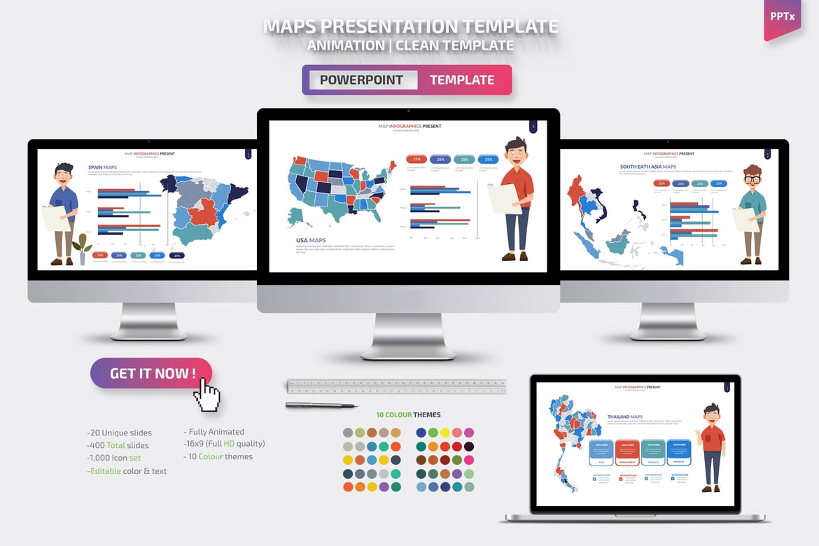 Template Presentasi PowerPoint dengan Animasi Peta yang Menarik