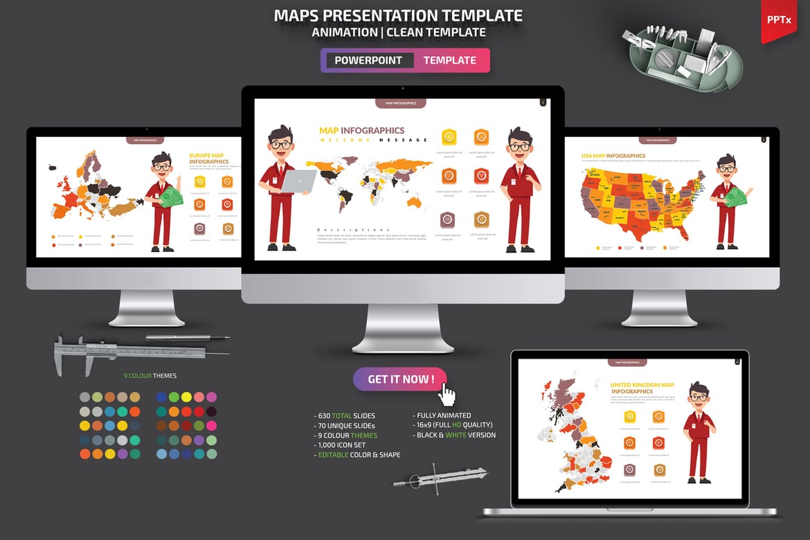 Template Presentasi PowerPoint Infografis Peta yang Menarik