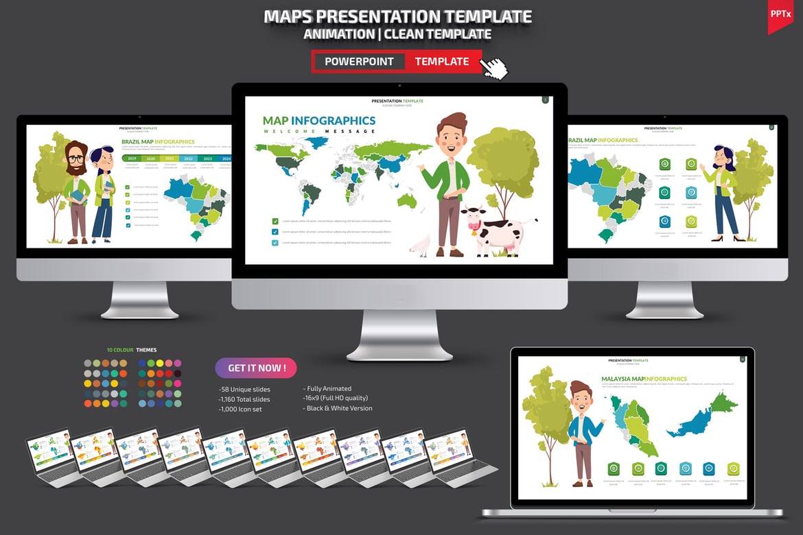 Template Powerpoint Infografis Peta yang Menarik