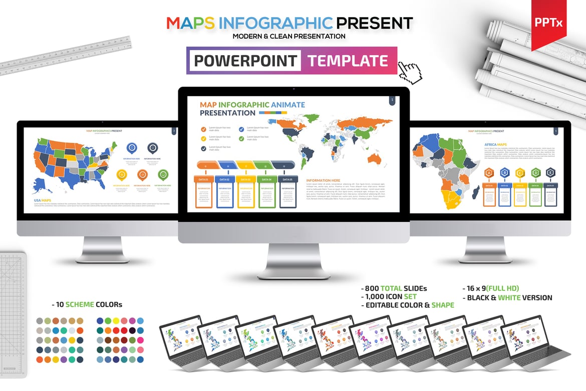 Template Presentasi PowerPoint Infografis Peta yang Menarik
