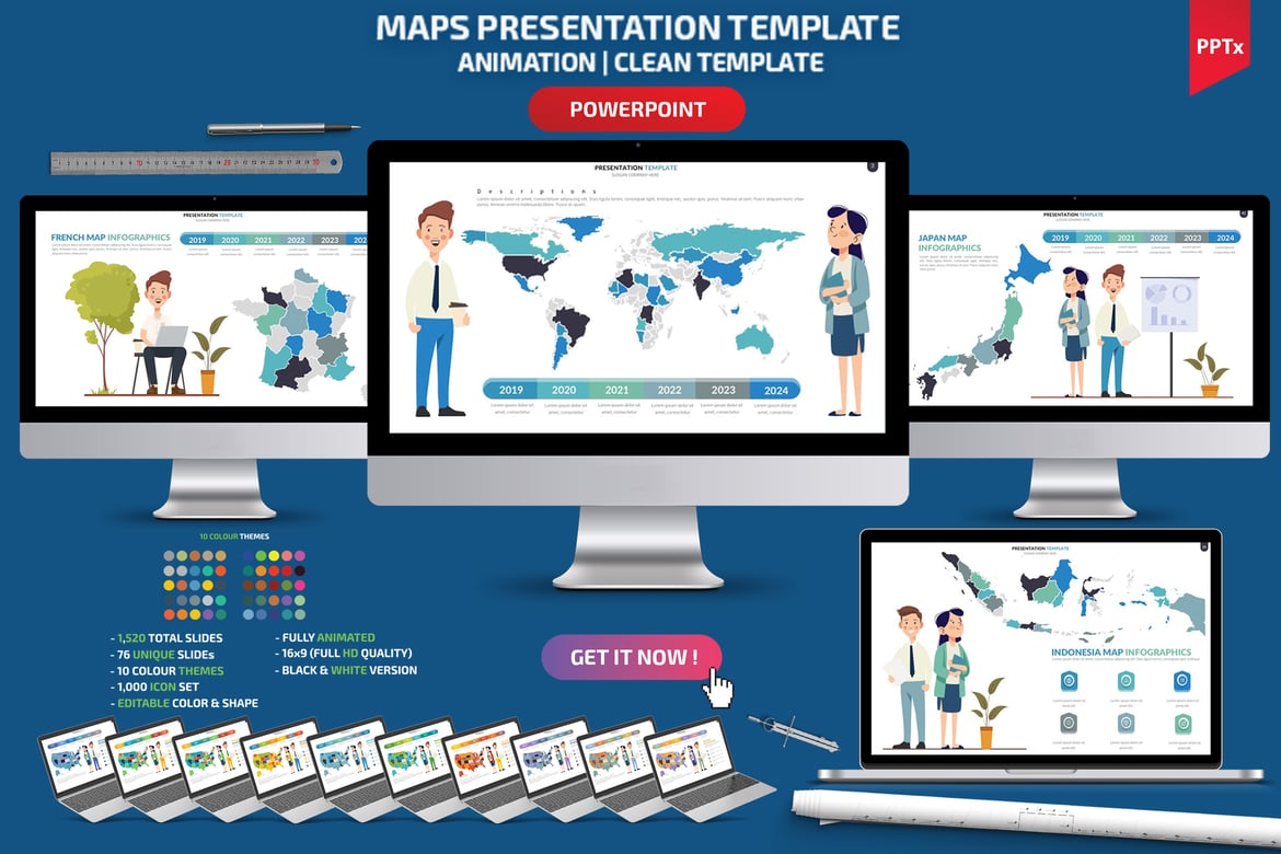Template Presentasi PowerPoint Infografis Peta yang Menarik