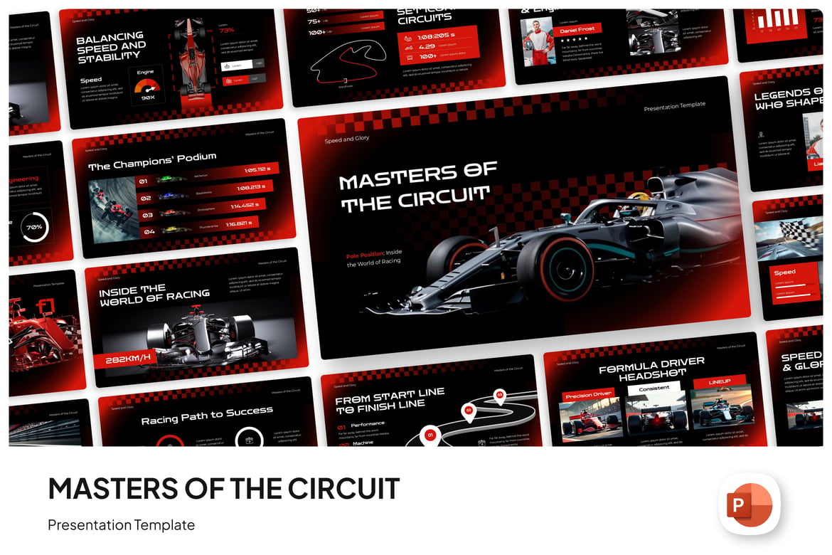 Template Presentasi PowerPoint Masters of the Circuit yang Dinamis