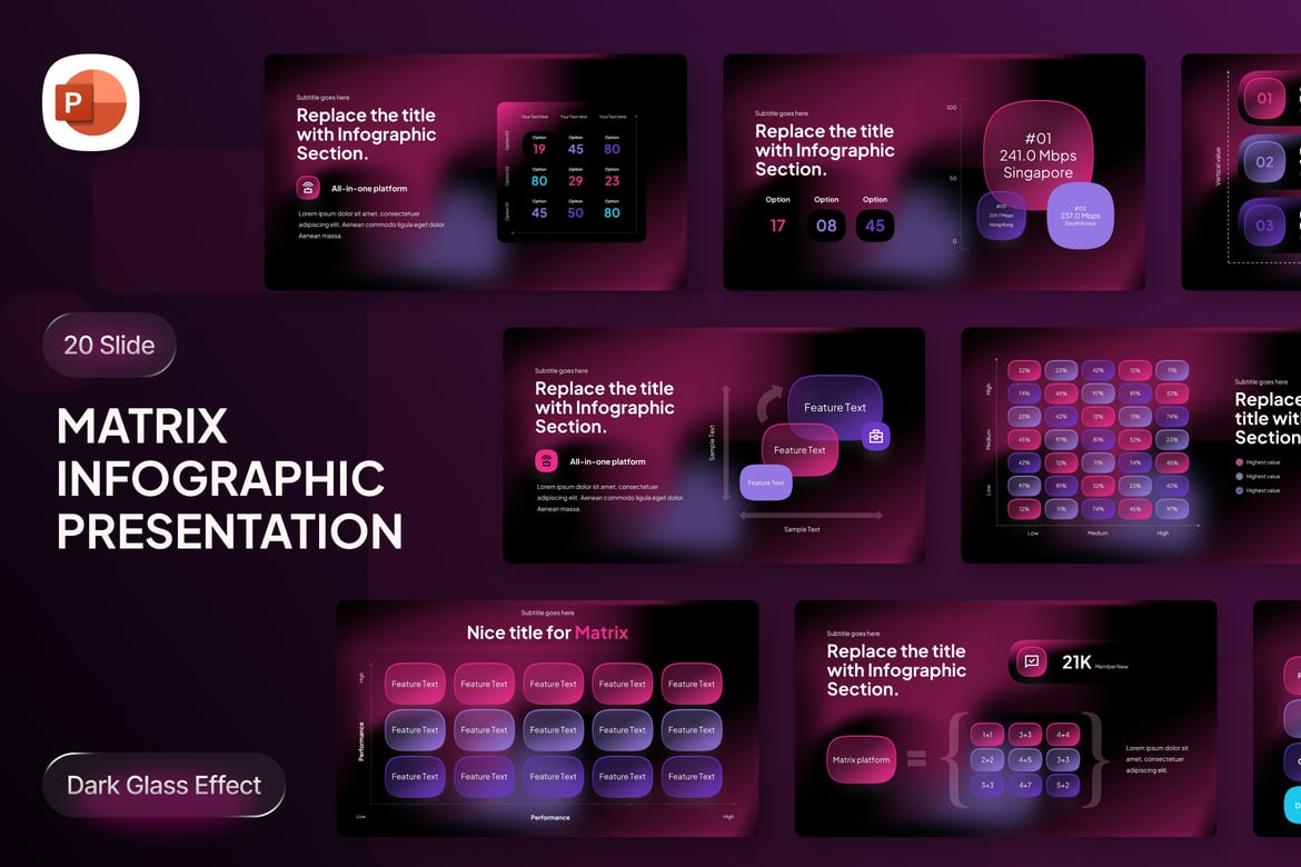 Template Presentasi PowerPoint Infografis Glassmorph Matrix yang Modern