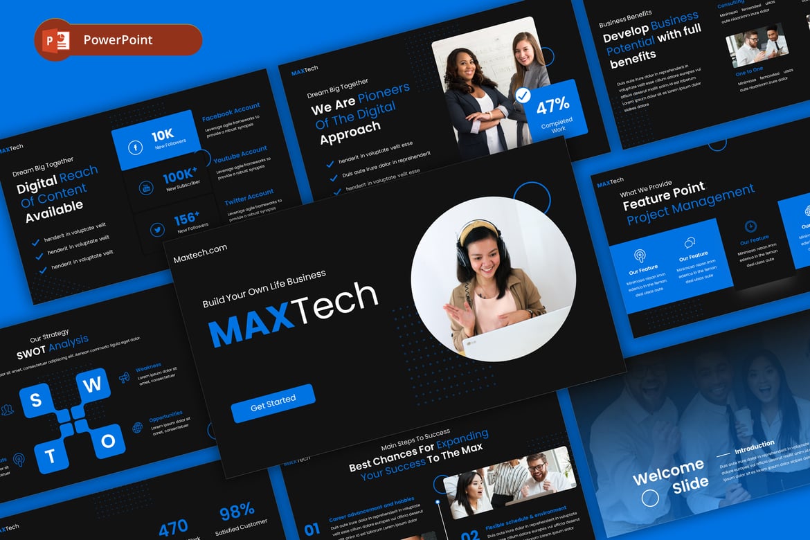 Template Presentasi Bisnis MaxTech Dark - PowerPoint Profesional