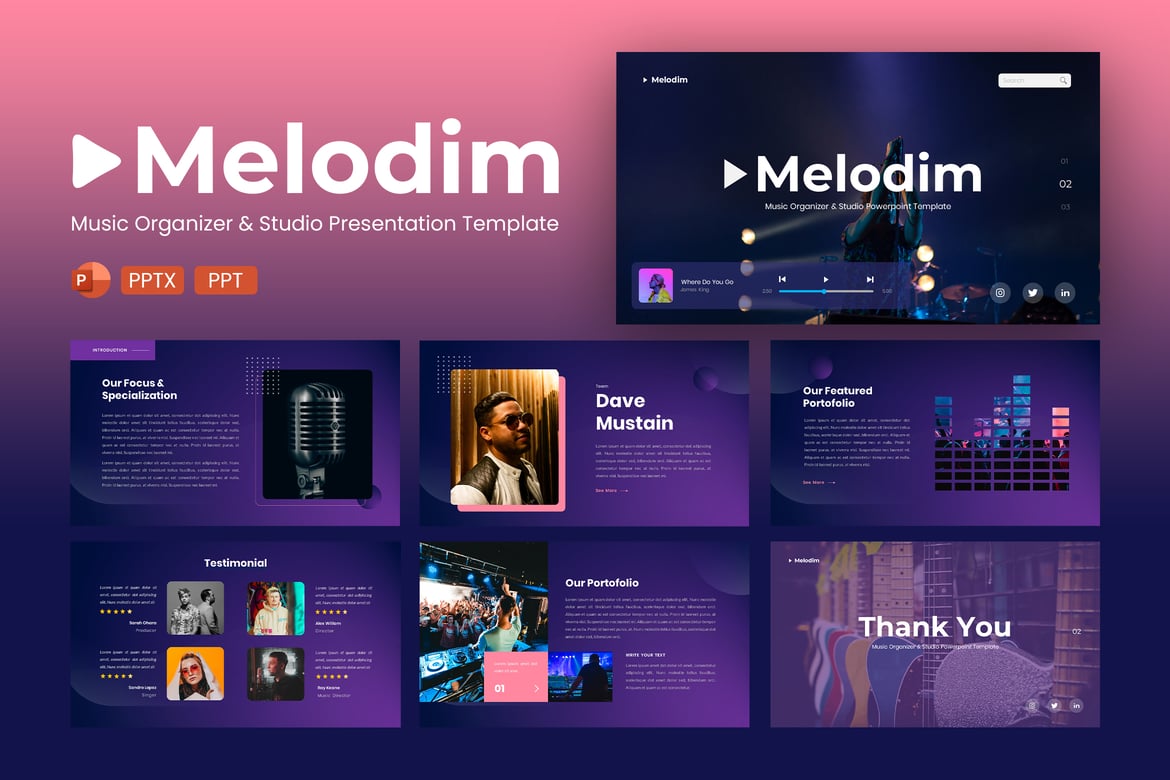 Template Presentasi PowerPoint Melodim – Studio Musik Modern dan Kreatif