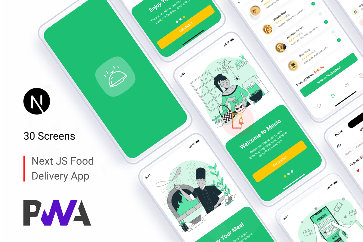 Mesio – Template Website Aplikasi Pengantaran Makanan (Next.js + Siap PWA)