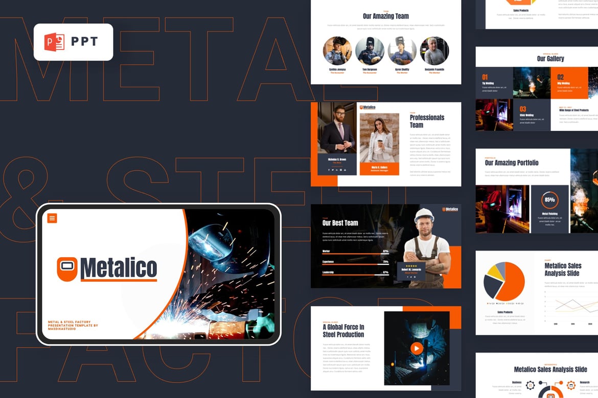 Template Presentasi PowerPoint METALICO - Desain Modern untuk Pabrik Logam